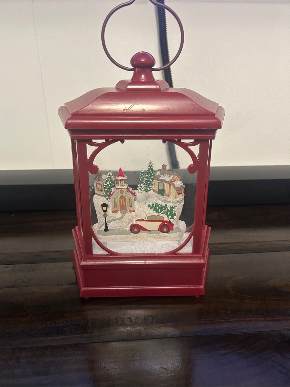 Red Holiday Lantern Snow Globe with Vintage Car Scene